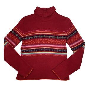Its Our Time Nordic Pattern Turtleneck Sweater Red Multicolor Knit Women S USA